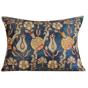 Rectangular olive/blue pomegranate design suzani on midnight blue ground