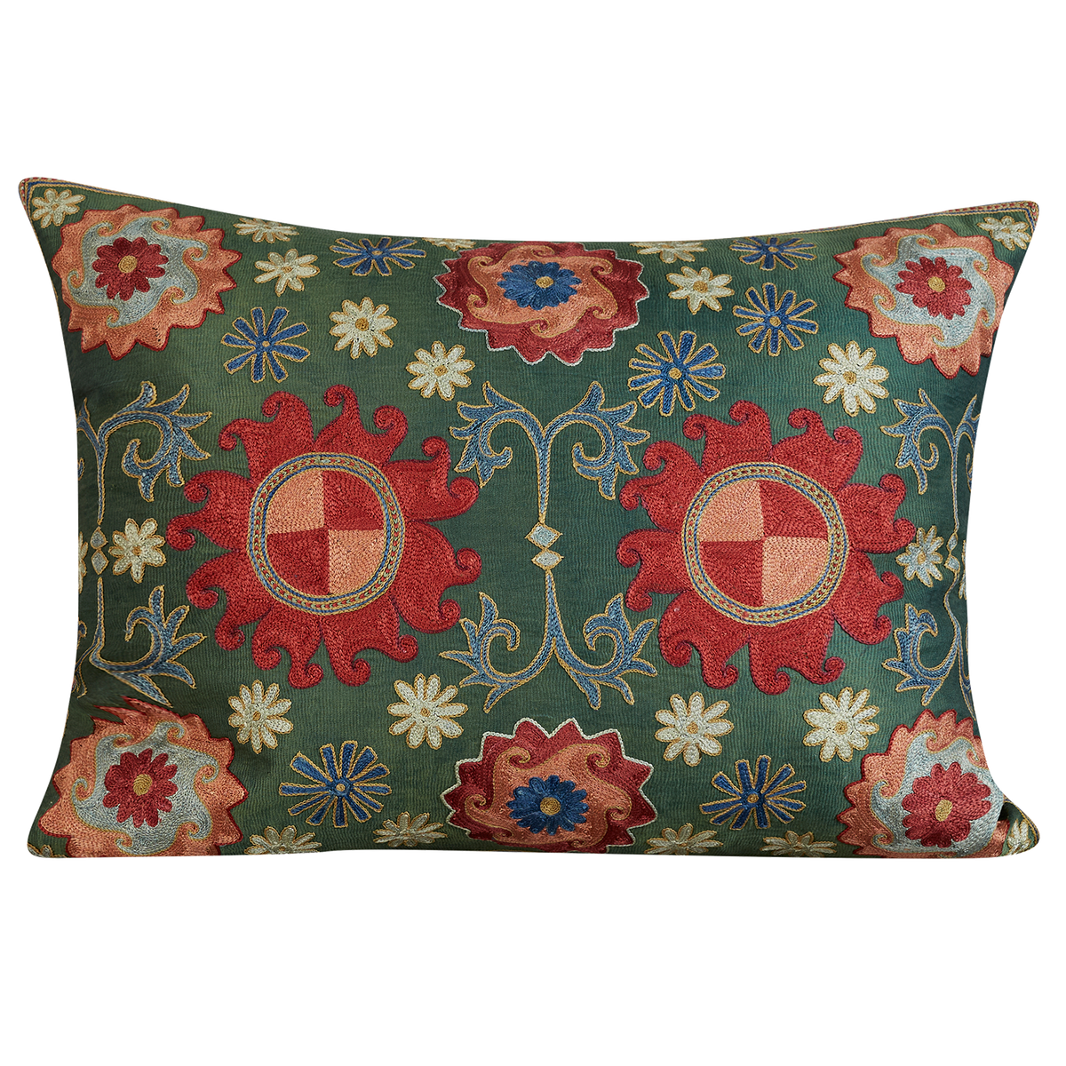 Rectangular medallion and floral starburst design suzani on green ground