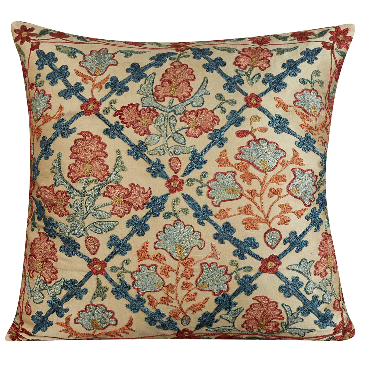 Sqaure floral carnation lattice design suzani on cream ground