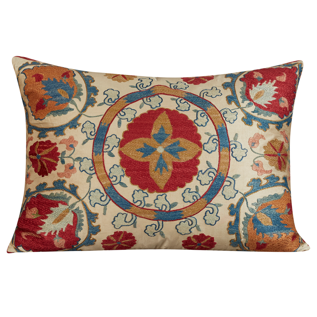 Rectangular symmetrical floral design suzani on cream ground