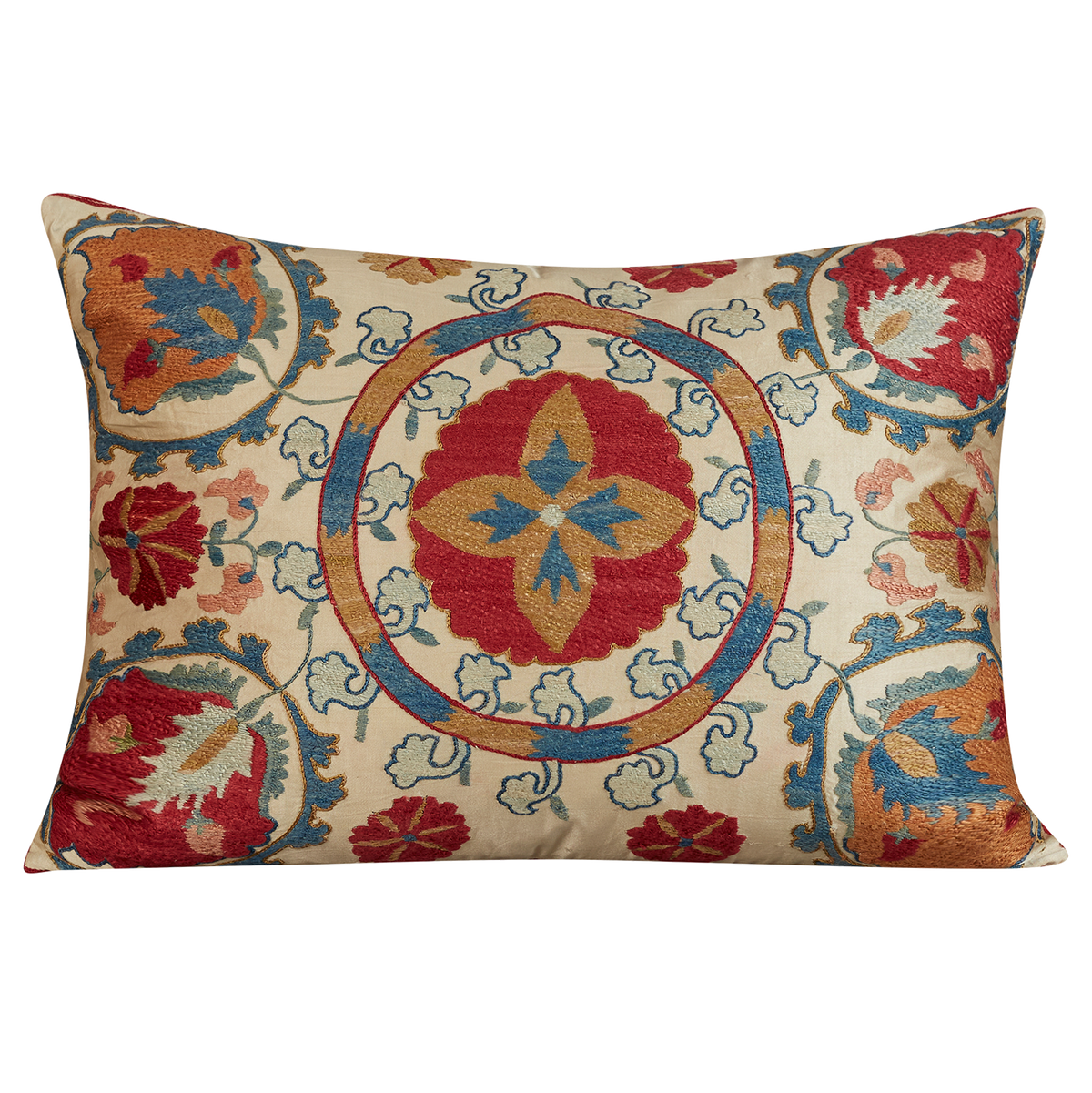 Rectangular symmetrical floral design suzani on cream ground