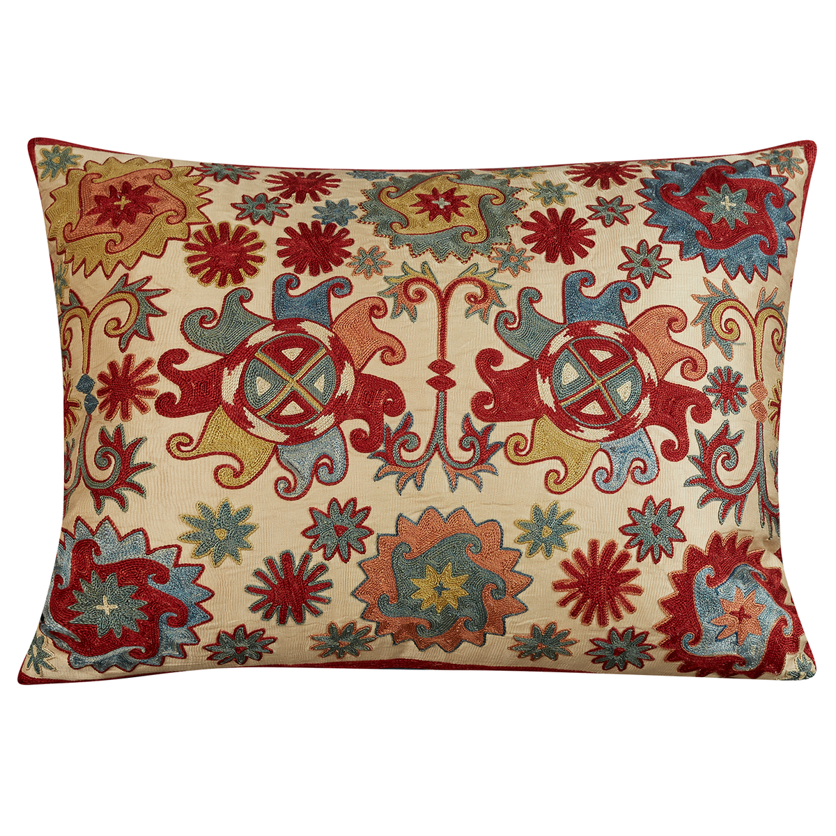 Rectangular venison red starburst medallion design suzani on cream ground