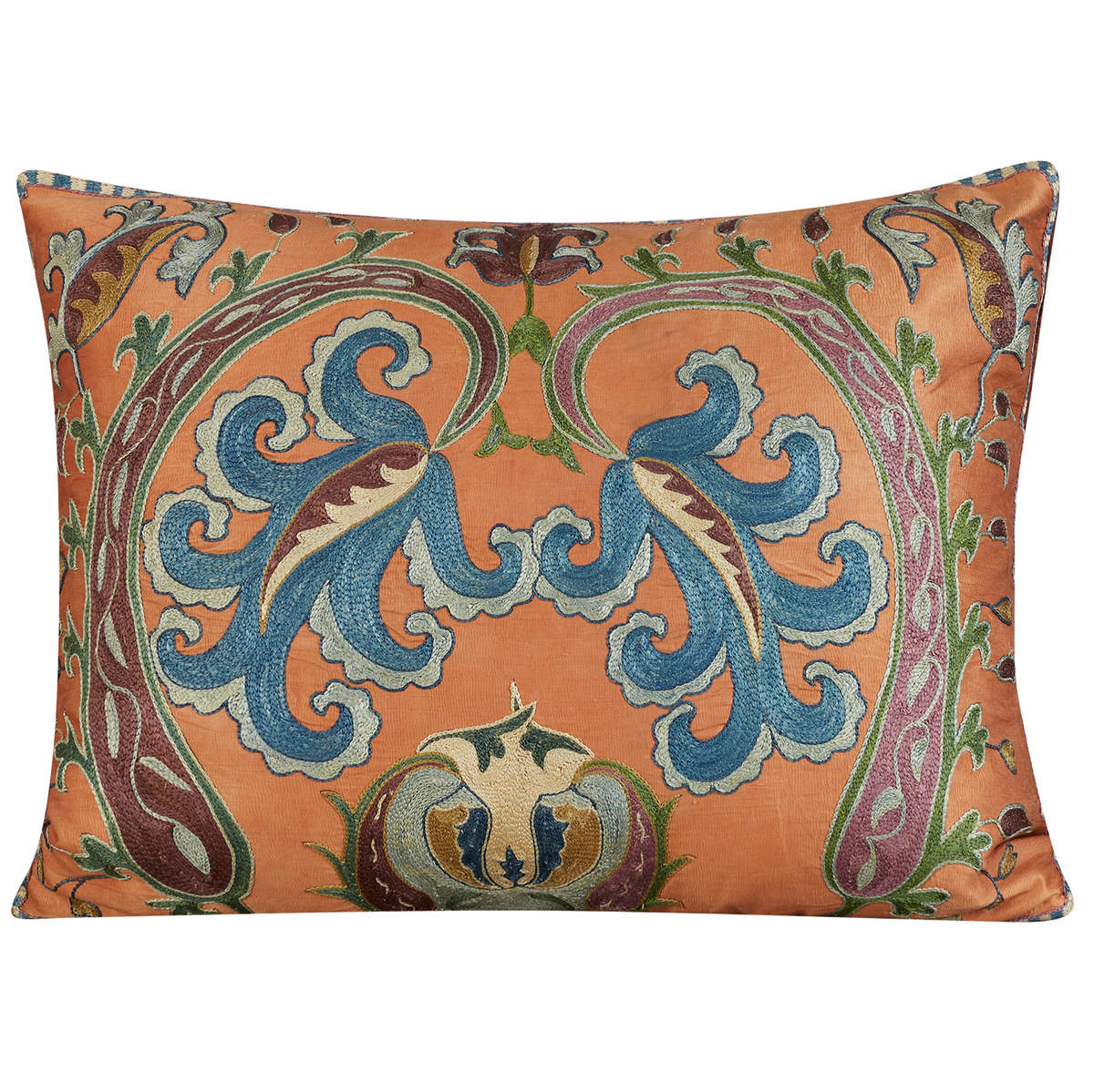 Rectangular aubergine/dusky violet paisley scrolling floral design suzani on coral ground
