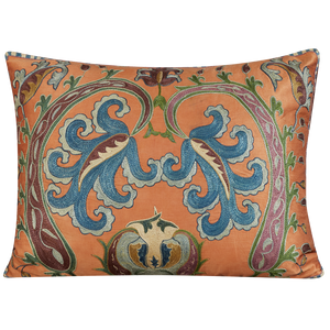 Rectangular aubergine/dusky violet paisley scrolling floral design suzani on coral ground
