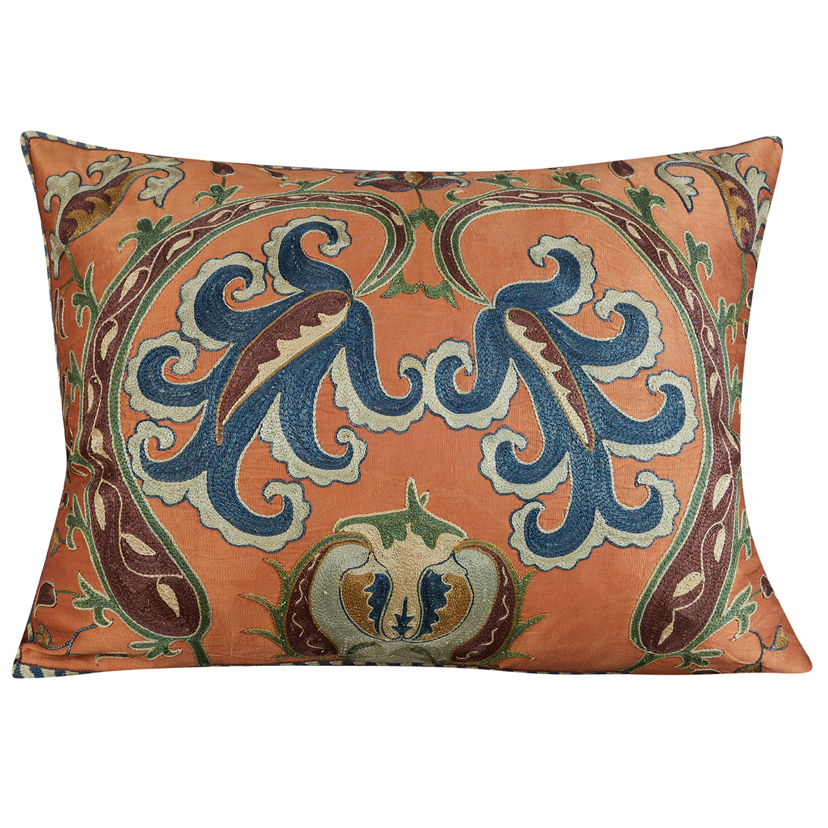 Rectangular aubergine paisley scrolling floral design suzani on coral ground