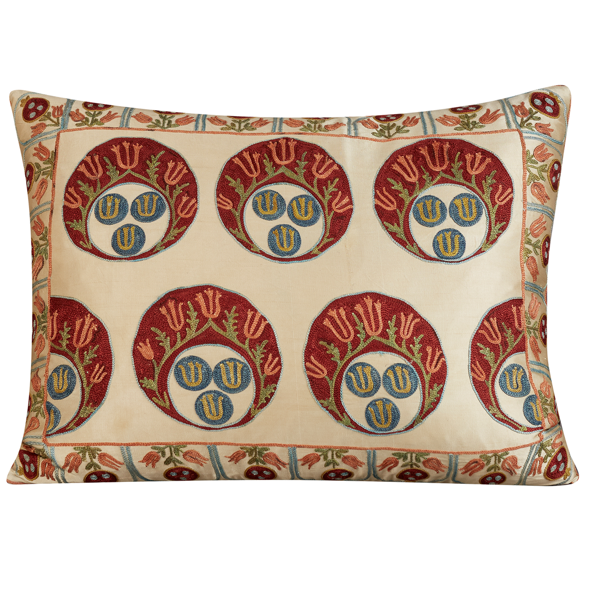 Rectangular medallion, tulip, and pomegranate design suzani on cream ground