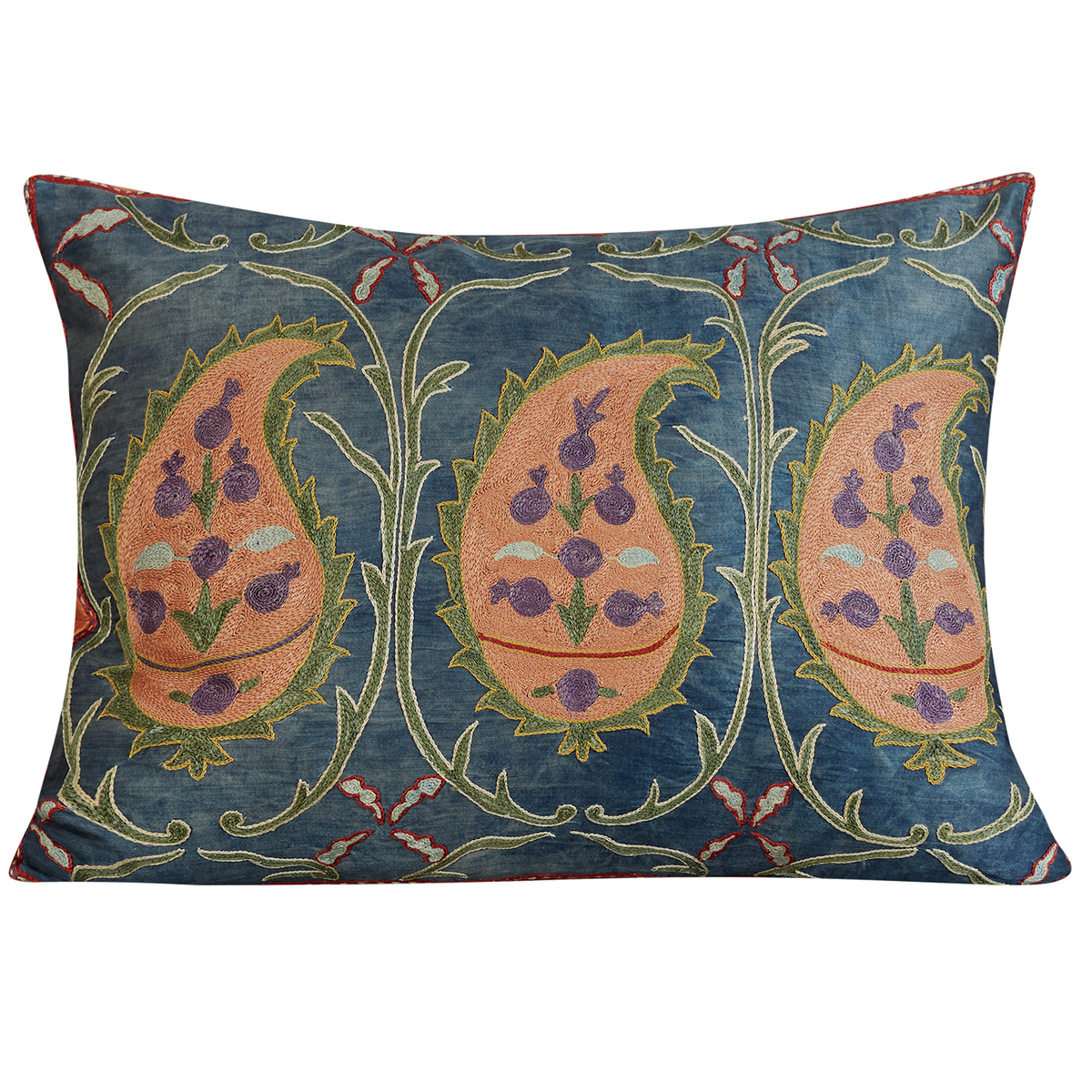 Rectangular orange paisley design suzani on dark blue ground with pink silk back