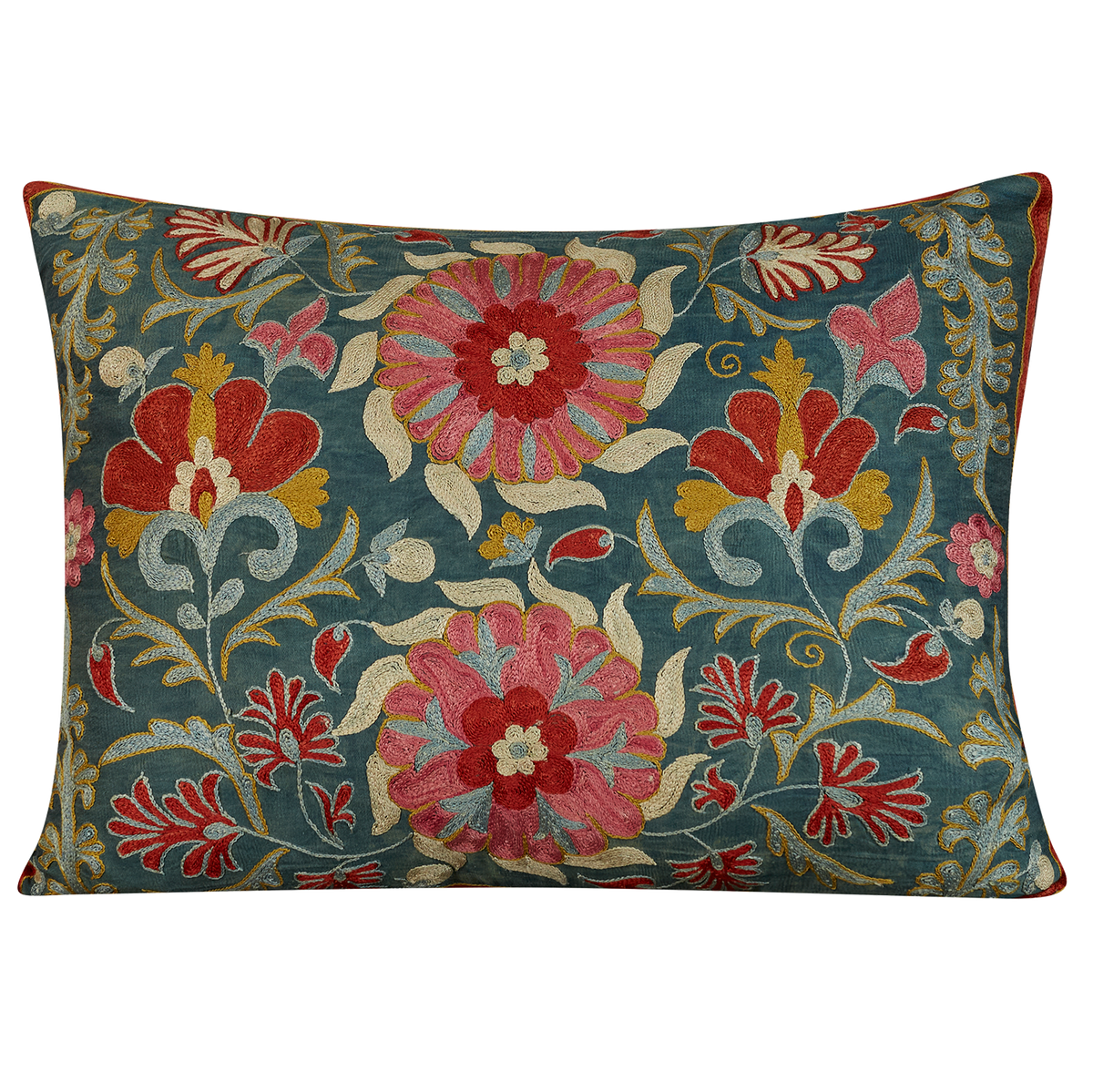 Rectangular peony, rose, and tulip design suzani on green ground
