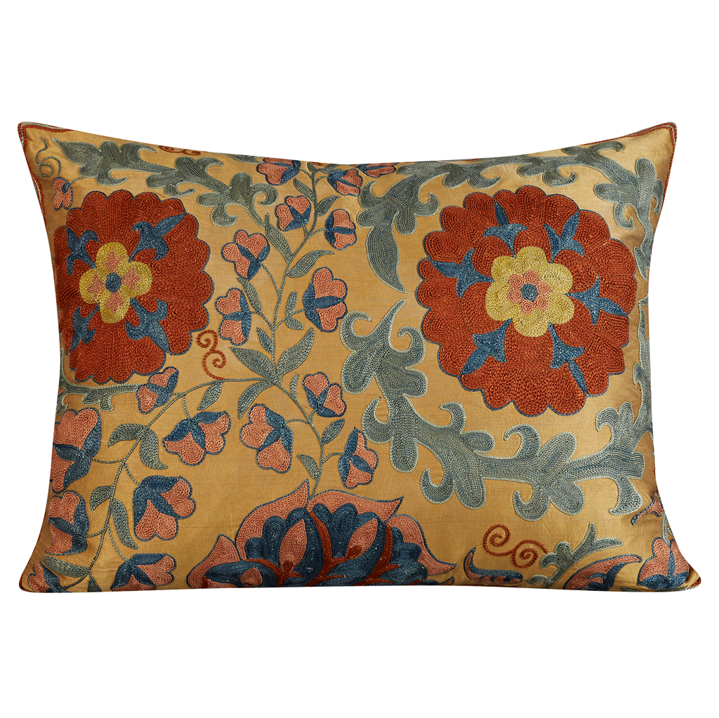 Rectangular rose, and tulip bud floral vine design suzani on gold ground
