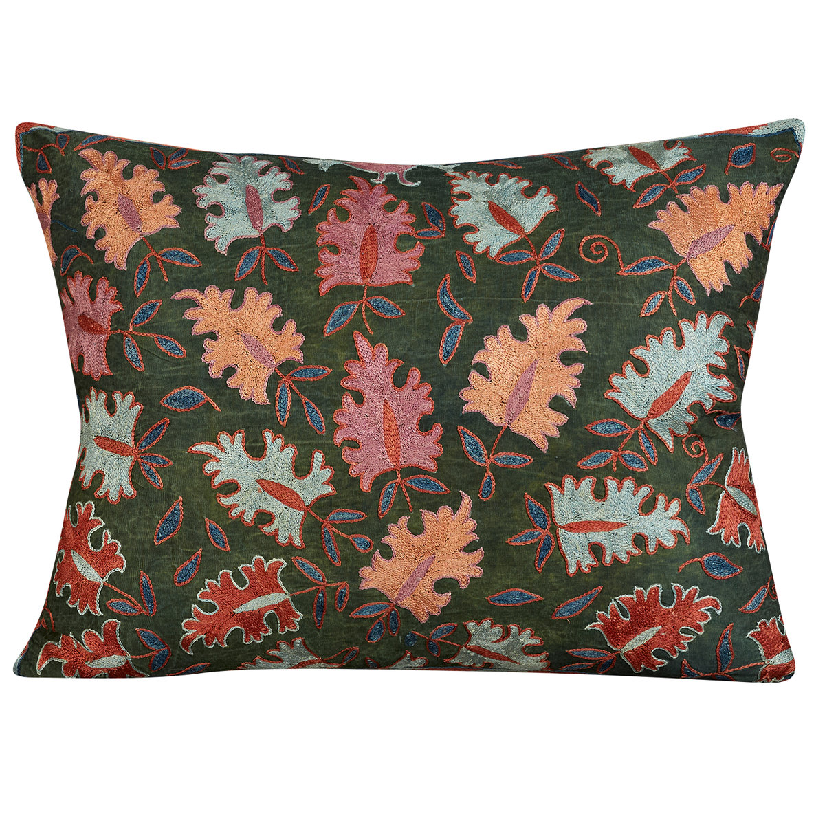 Rectangular multicoloured leaf design suzani on dark blue/green ground