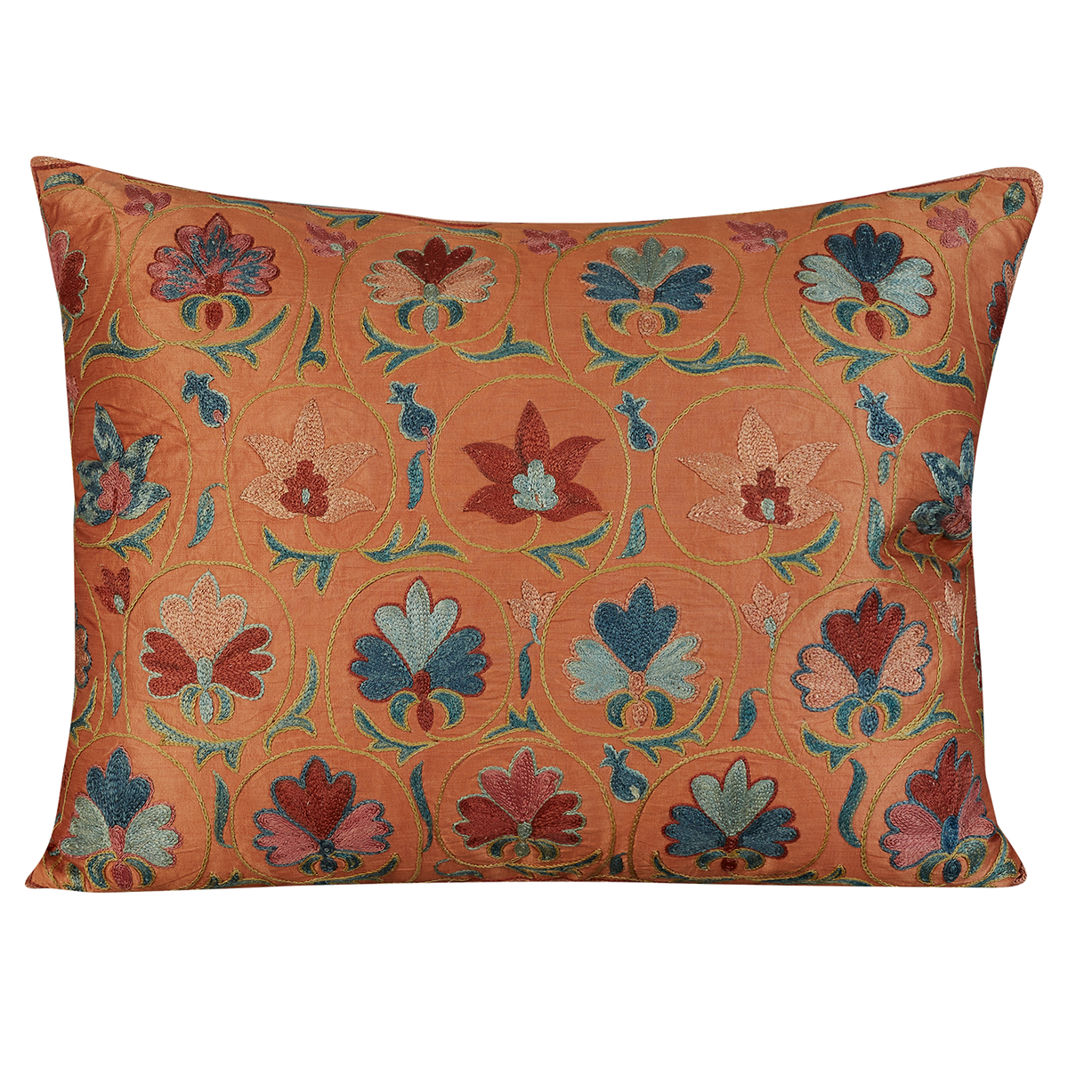 Rectangular symmetrical tulip floral design suzani on apricot pink ground