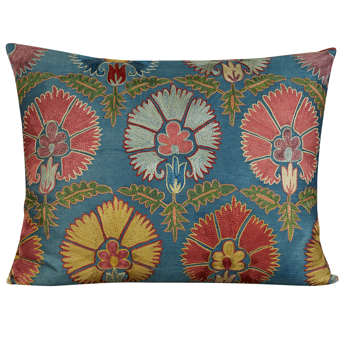 Rectangular blue red and pink carnation design suzani on blue ground