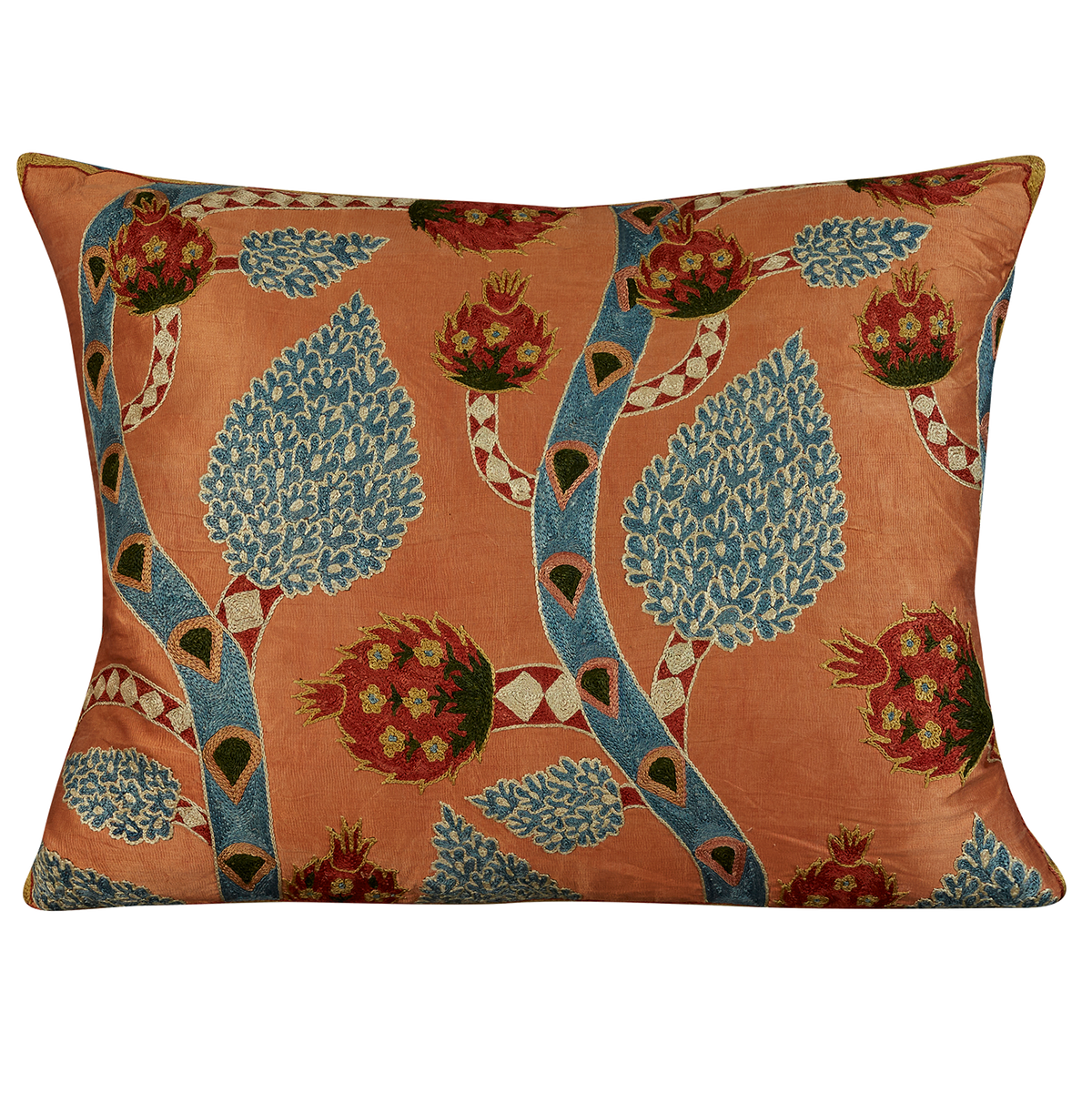 Rectangular vine and red pomegranate design suzani on pink ground
