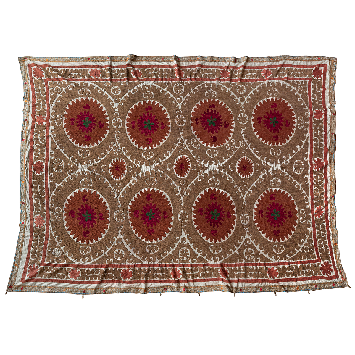 Rectangular cotton Suzani brown and terracotta hanging/bedspread, Uzbekistan circa 2000