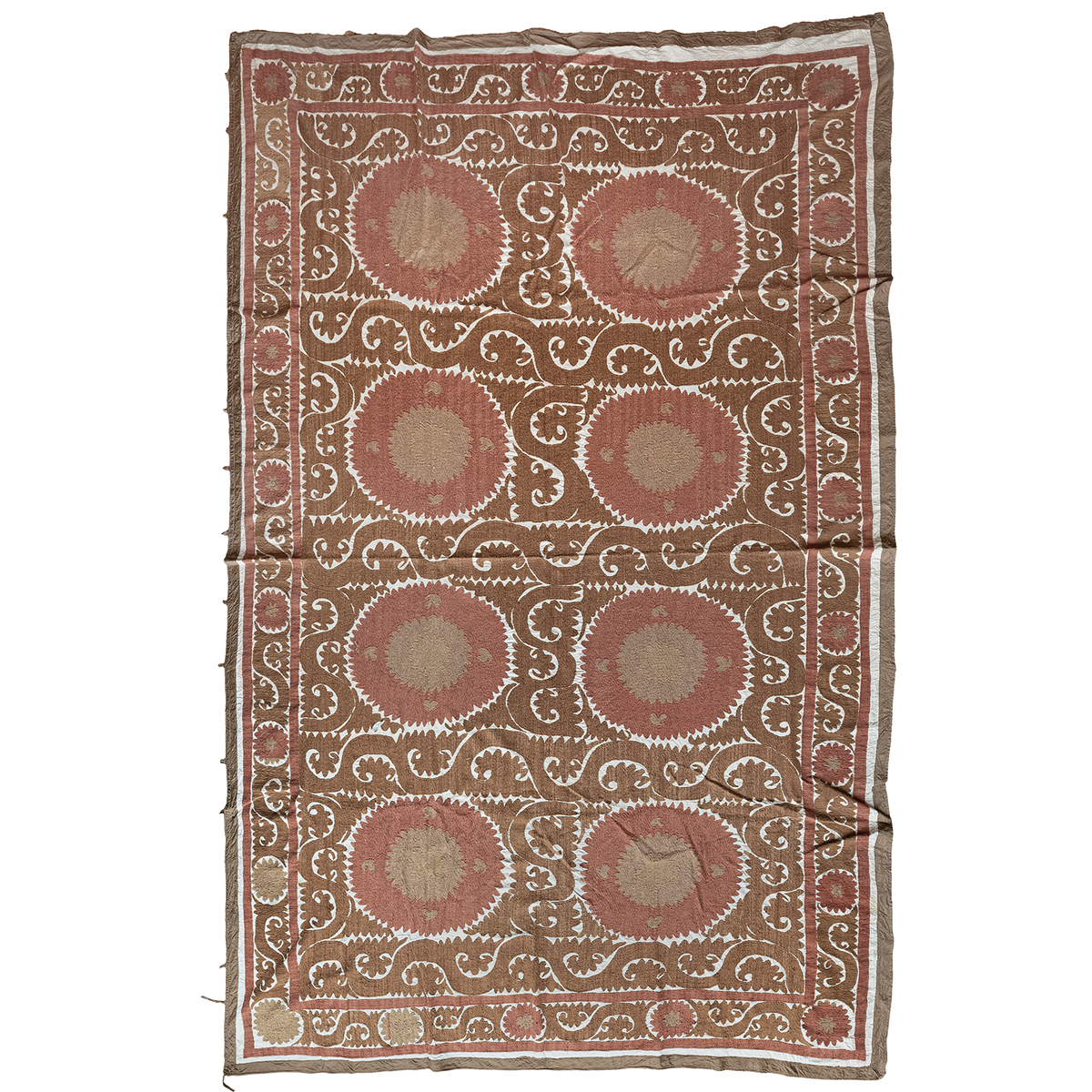 Rectangular cotton Suzani brown and camel hanging/bedspread, Uzbekistan circa 2000