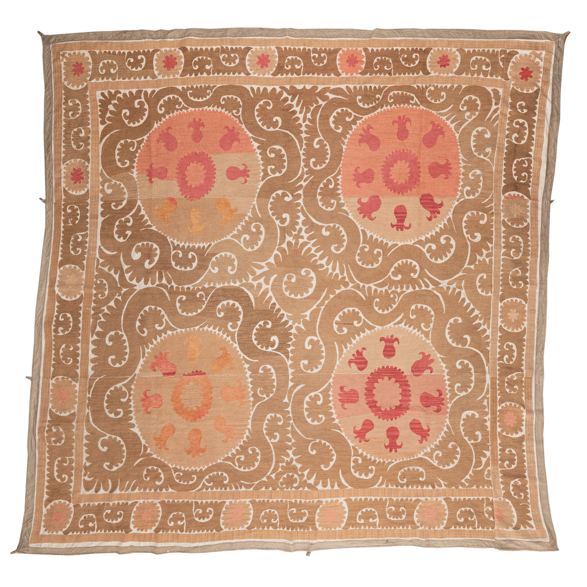 Large coffee/tan and pink suzani hanging/bedspread, Uzbekistan circa 2000