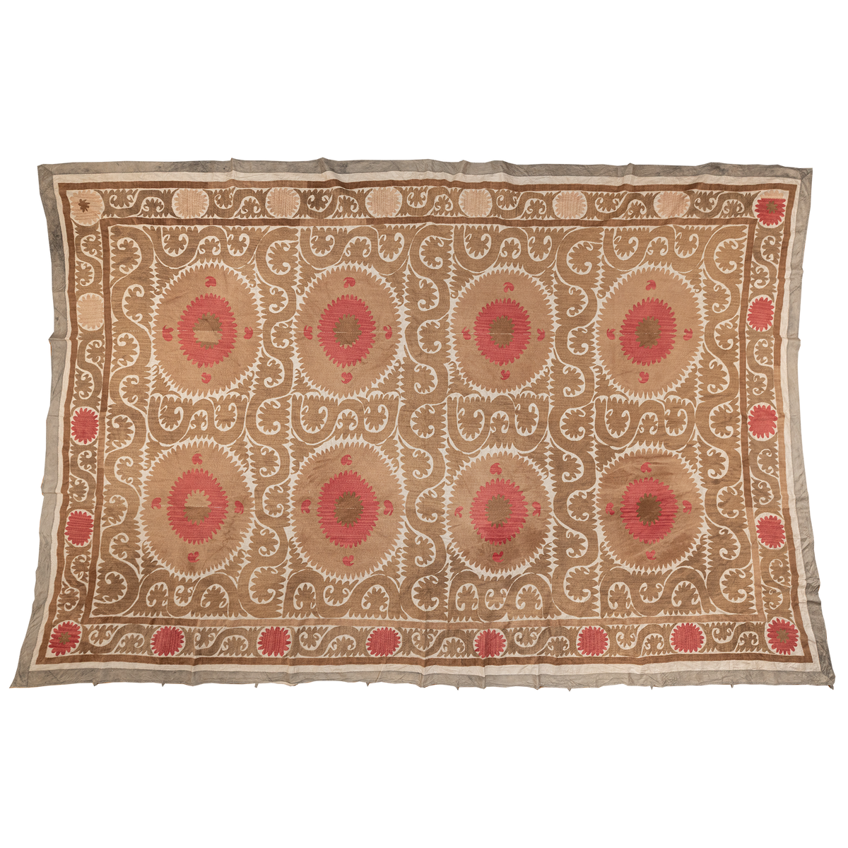 Large suzani light brown and red hanging/bedspread, Uzbekistan circa 2000
