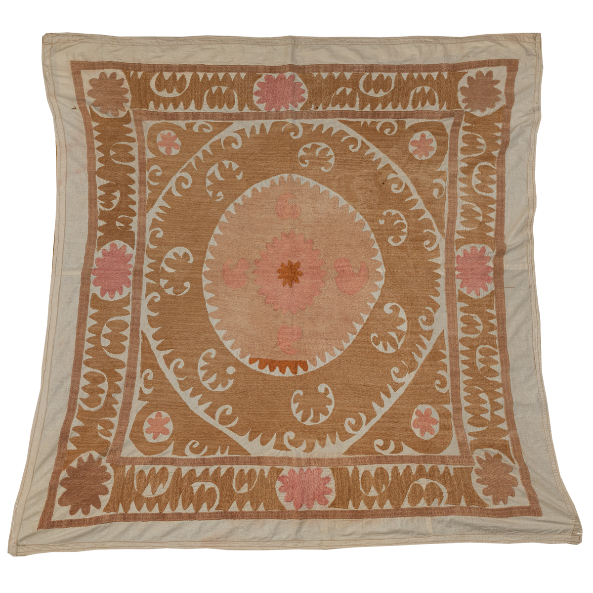 Square camel/brown and pink suzani hanging/bedspread, Uzbekistan circa 2000