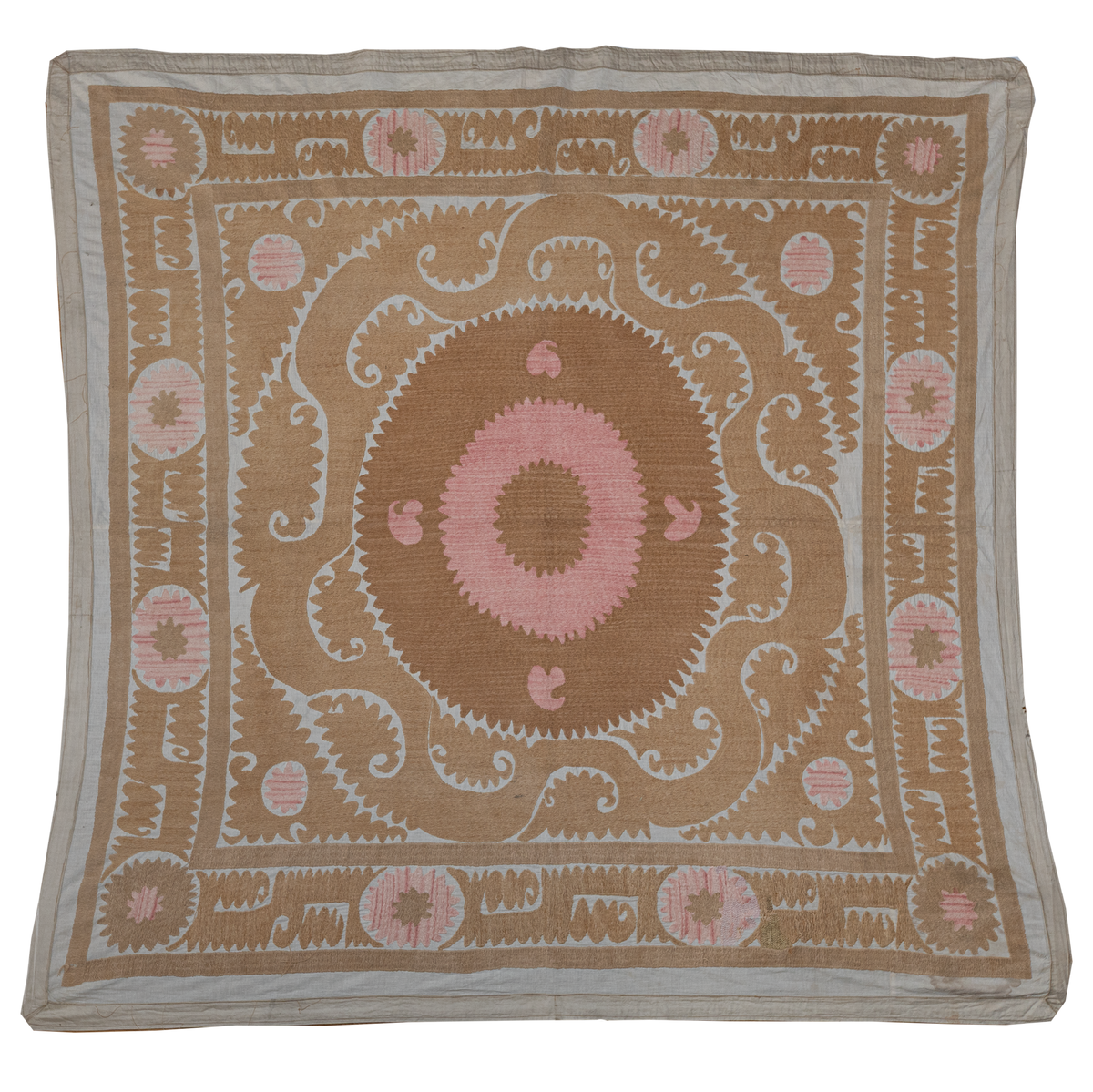 Square camel brown/pink suzani hanging/bedspread, Uzbekistan circa 2000