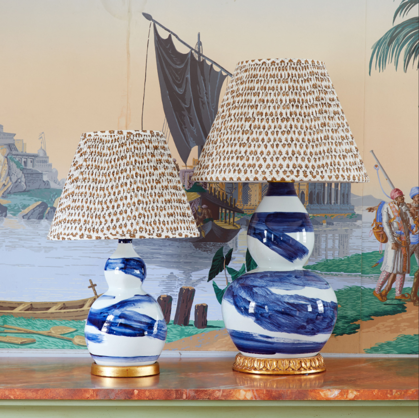 Hand-glazed ceramic lamp in a blue brush stroke glaze on a gold base by Bunny Williams Home