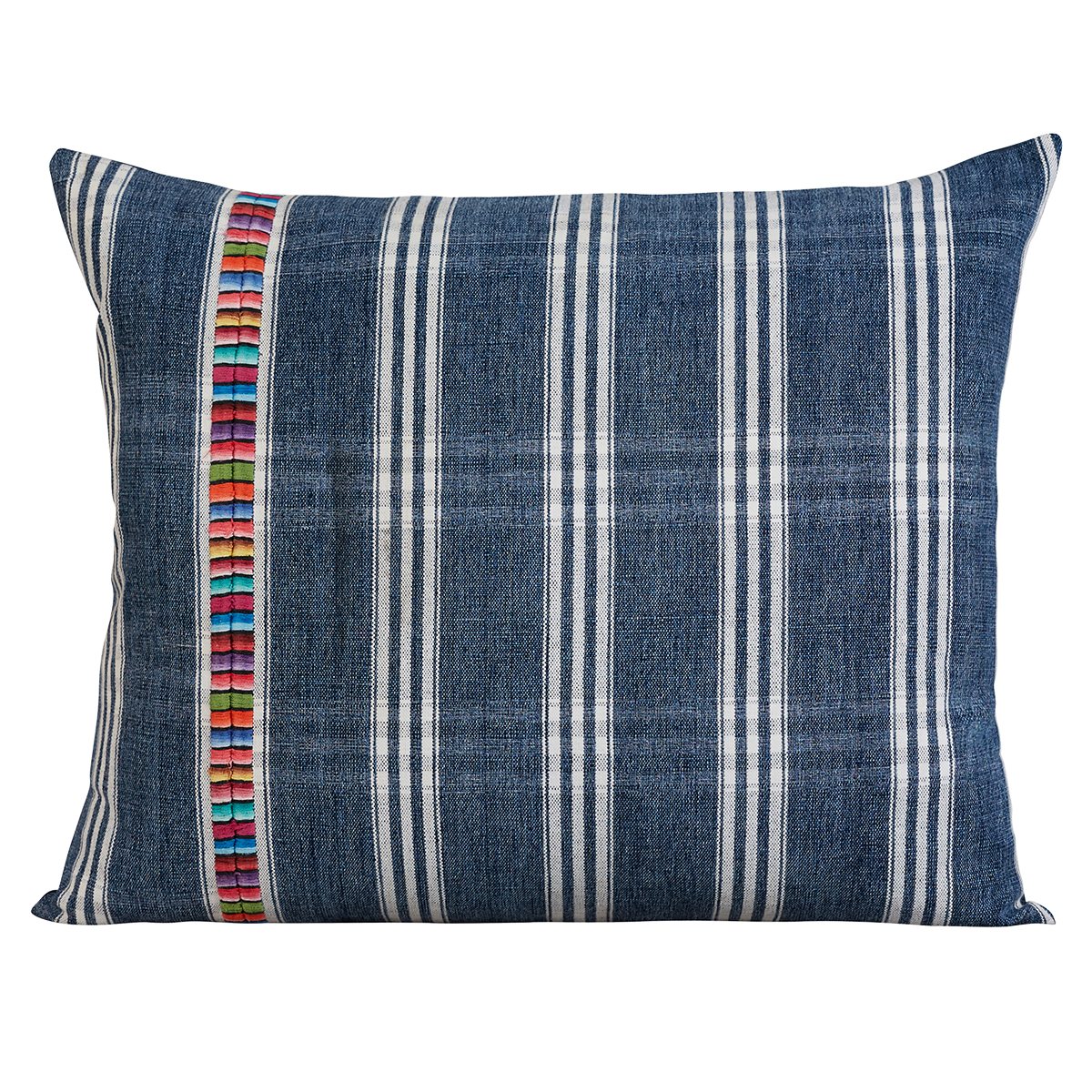 Rectangular vintage woven cotton Guatemalan indigo cushion with single multicoloured cotton embroidery