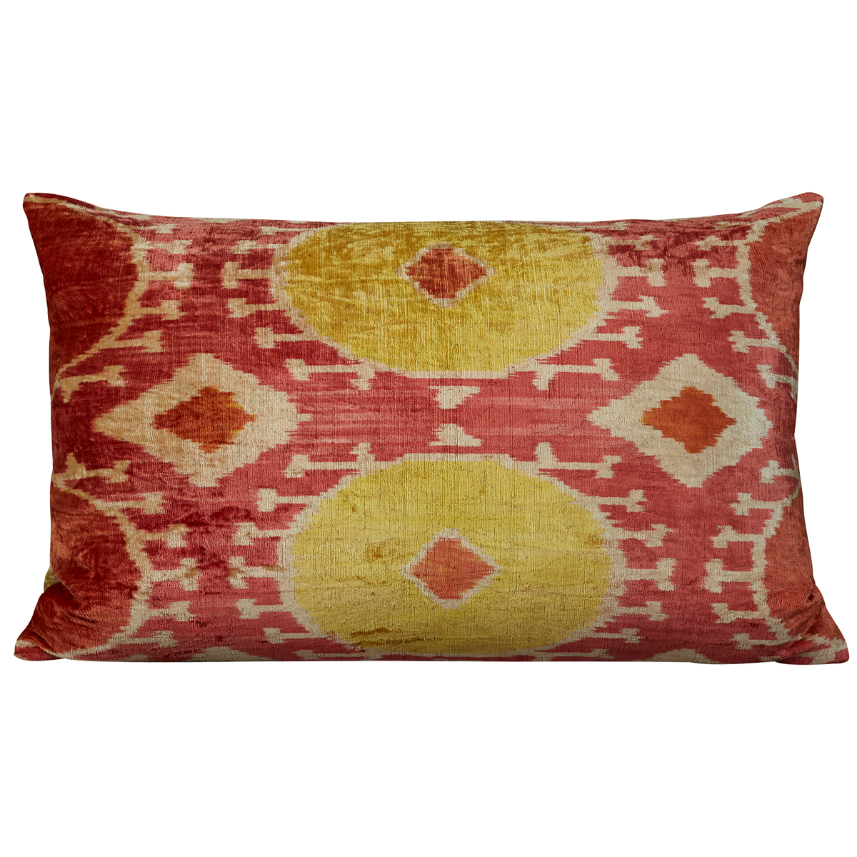 Yellow and red hand-woven silk velvet Ikat cushion - pillow with ikat back