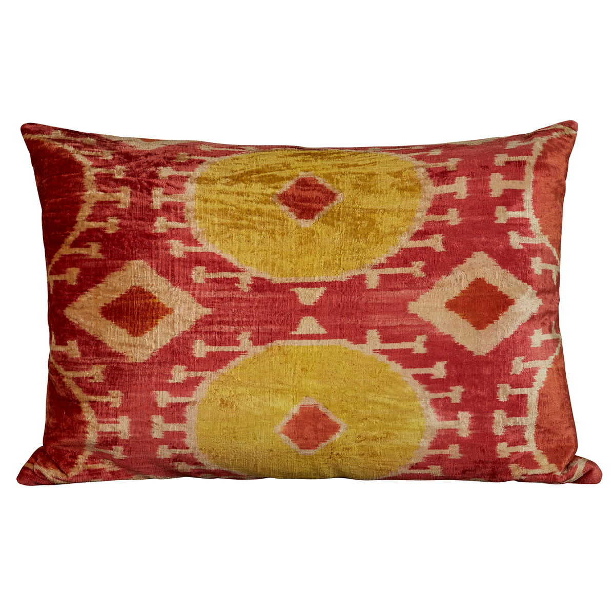 Yellow and red hand-woven silk velvet Ikat cushion - pillow