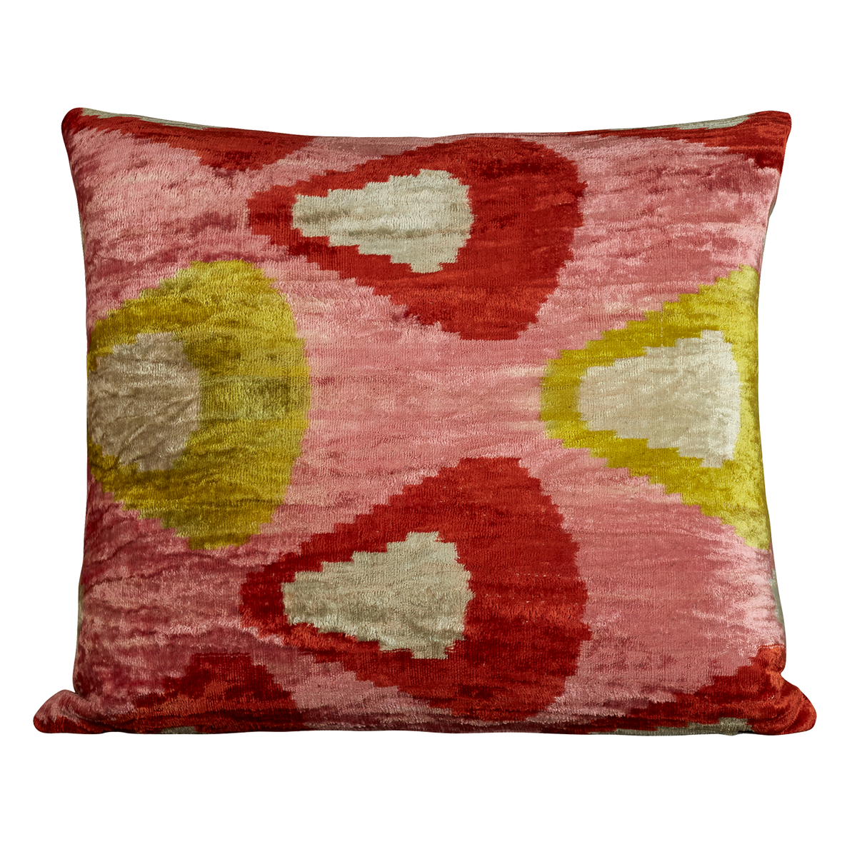 Small pink and chartreuse hand-woven silk velvet ikat cushion - throw pillow
