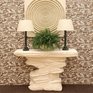 Vignette.M&OJan19.Riviere.Rocky Console.Sola Coco Wall Decor.Germaine Table Lamp.LR