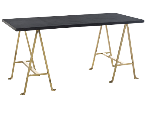 Table with black top and gold metal legs on a white background